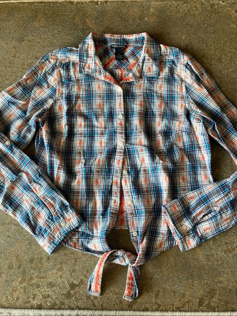 Wet Seal Multicolor Plaid Shirt with Coral Embroidery